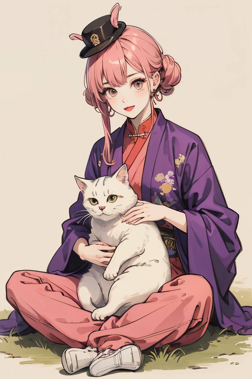 Traditional Chinese illustration,a girl with pink hair,wearing a purple print jacket and a cat-eared hat on her head,holding a kitten,sat on the ground.,