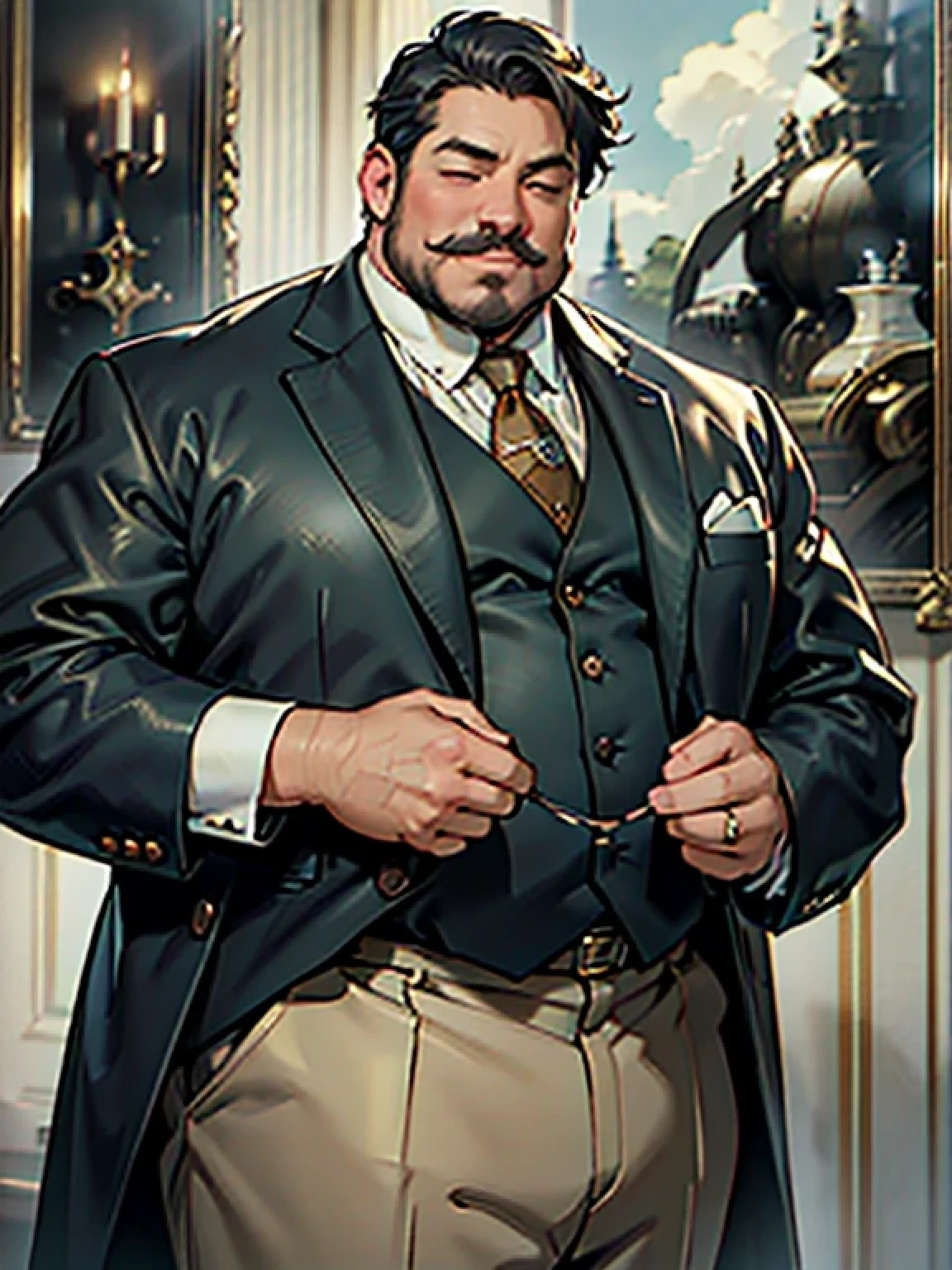 British gentleman, black suit,sarcastic smile face, very fat!!!, fat, chubby!!!, eyes closed, monocle, are fat, anime painting, detailed face and features, sophisticated facial expression, distinguished mustache, tall and elegant, perfect posture, vibrant colors, natural lighting, classic style. (best quality,4k,8k,highres,masterpiece:1.2), ultra-detailed, (realistic,photorealistic,photo-realistic:1.37), art gallery ambiance, fine brushstrokes, traditional art techniques, regal aura, elegant background, vintage setting.