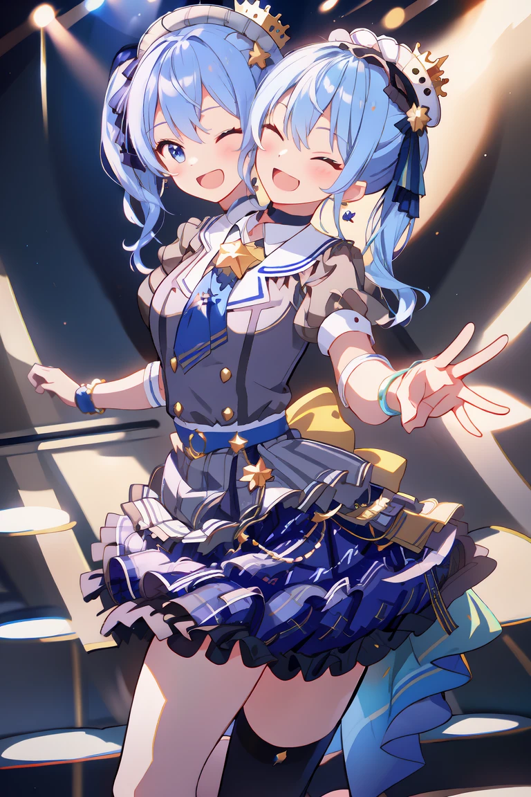 (masterpiece, best quality), best resolution, (2heads:1.5), dynamic angle, 1girl, HoshimachiSuisei, side ponytail, blue hair ribbon, SuiseiBase, plaid beret, crown, blue star choker, star earrings, blue ascot, plaid jacket, plaid skirt, layered skirt, partially fingerless gloves, star bracelet, uneven legwear, thigh strap, standing, waving hands, smile, open mouth, singing, look at viewer, happy, excited, open arms, dancing, jumping, one eye closed, concert stage, starfield, spotlight