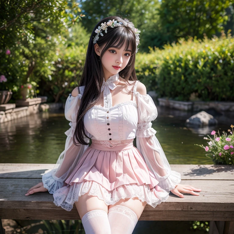 best quality, masterpiece, lifelike, 1 girl, solitary, eternity, Black Hair, Long curly hair, Bangs, laugh out loud, layered lace skirt,  Puff sleeves, Wide sleeves, Transparent sleeves,  flower, Detailed background,  Delicate face，pink blush，White，Knee socks, cold，Lots of lace，((​masterpiece))、(top quality)、8k、High Detail、Ultra Detailed、 21 years old female，​masterpiece、born、Intricate details showcase the ruffles and intricate designs of the Lolita dress、fair、magic、realism、Visual effects、FXAA、SSAO、shader、voiceless、Ambient Lighting、Tone Mapping、high resolution、Ultra HD、Million pixels、(8k resolution:1.10)、8k resolution、High Detail、Intricate details、 (high quality:1.2、​masterpiece:1.2、:1.21)、(21 years old female），Hair accessories are not allowed, Laugh happily，Short skirt，Underwear looming，outdoor