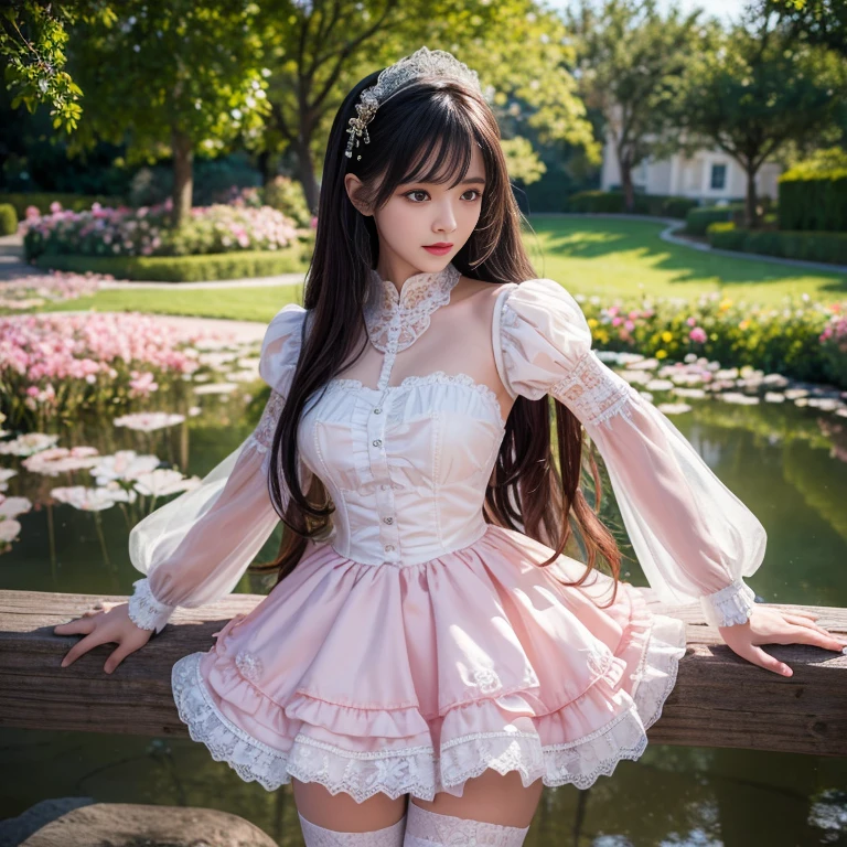 best quality, masterpiece, lifelike, 1 girl, solitary, eternity, Black Hair, Long curly hair, Bangs, laugh out loud, layered lace skirt, Puff sleeves, Wide sleeves, Transparent sleeves, flower, Detailed background, Delicate face,pink blush,White,Knee socks, cold,Lots of lace,((masterpiece))、(top quality)、8k、High Detail、Ultra Detailed、 21 years old female,masterpiece、born、Intricate details showcase the ruffles and intricate designs of the Lolita dress、fair、magic、realism、Visual effects、FXAA、SSAO、shader、voiceless、Ambient Lighting、Tone Mapping、high resolution、Ultra HD、Million pixels、(8k resolution:1.10)、8k resolution、High Detail、Intricate details、 (high quality:1.2、masterpiece:1.2、:1.21)、(21 years old female),Hair accessories are not allowed, Laugh happily,Short skirt,Underwear looming,outdoor