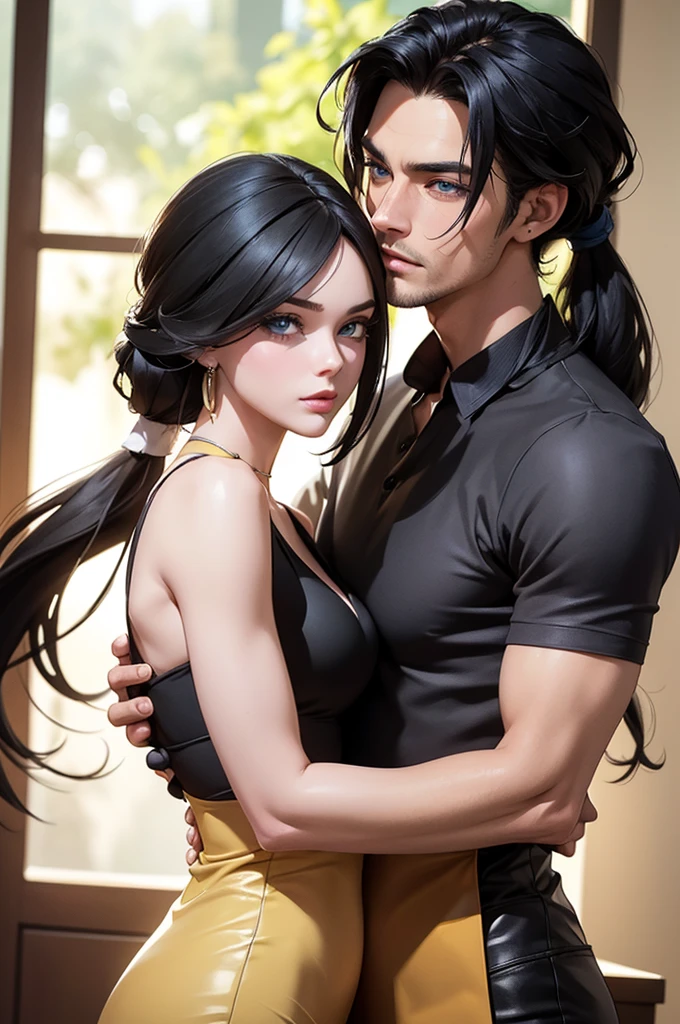 A couple, 1 male (A tall, handsome young man with black hair, blue eyes, long black hair gathered in a tight ponytail at the back of his head) hugs a very beautiful young femme fatale 1 female (blonde with very short wheat-colored hair). They're in love. Masterpiece, detailed study of the face, beautiful face, beautiful facial features, perfect image, realistic shots, detailed study of faces, full-length image, 8k, detailed image. an extremely detailed illustration, a real masterpiece of the highest quality, with careful drawing.