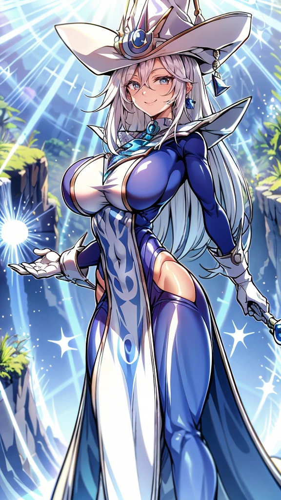 Silent magician, ropa apretada, poca piel visible, ((  ruborizada, sonrisa, oiled skin)),  pelo largo, cabello blanco, (( white hair)), sombrero blanco, Skinny body, abs, muscle, muscle girl, big sagging breast , monstruo de duelo, Iparuputsua, de pie en la entrada de un castillo, brazos a los costados, magic world background, mundo medieval .