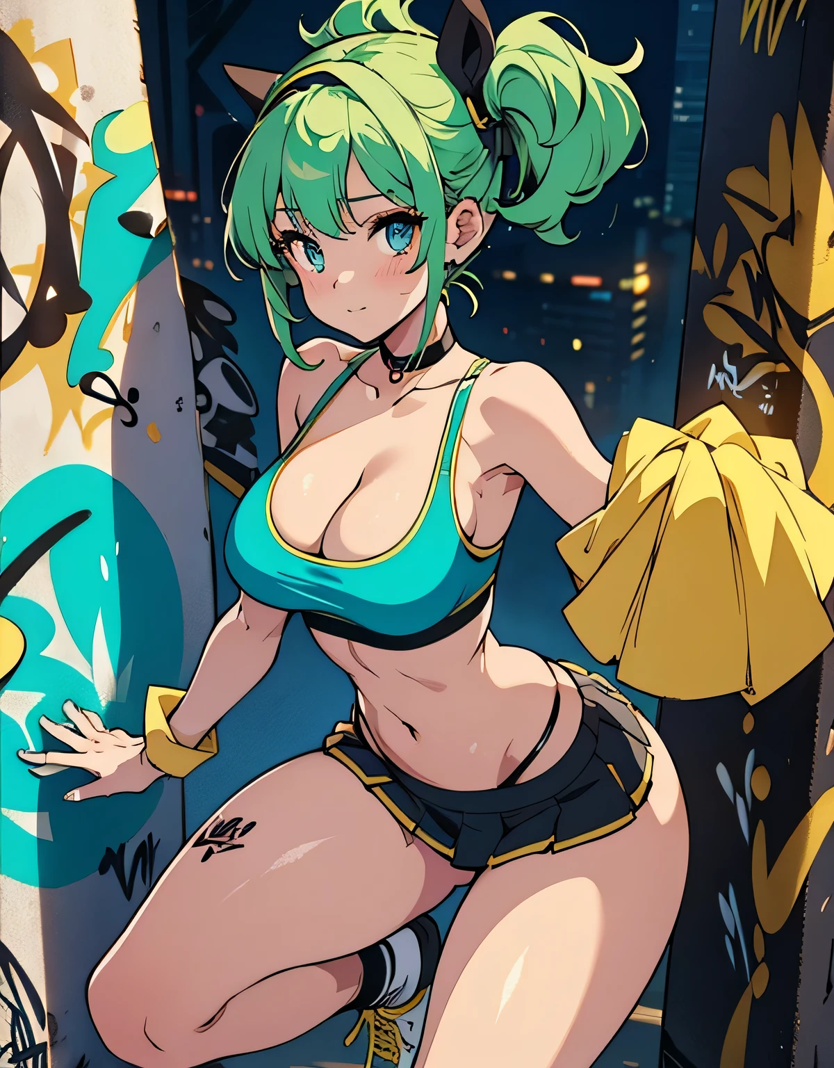 ((Masterpiece)), best quality, short green hair, curly hair, ultra detailed, holographic, 18 years old, shot masterpiece, best quality, 18 years old, triple D cup breasts, large breasts, big round buttocks, perky breasts, beautiful young woman,   solo, crop top,  pantie , choker, (graffiti:1.5), paint splatter, arms behind back, against wall, looking at viewer, armband, thigh strap, head tilt,  aqua eyes, ponytails, sexy body, dynamic pose, golden ratio, super cute, extremely beautiful, triple D cup breasts, full body shot, looking down at viewer, full body, head to toe,, super beautiful asian girl with super beautiful brown shiny eyes, super  and sexy body, horny, seductive ,big round buttocks, large breasts, triple D cup breasts, detailed nipples, super beautiful legs, super beautiful brown multicolored short hair, high ponytail, shiny and super beautiful skin, nice and sexy body, slim and delicate body, perfect body, wearing cheerleader style outfit, kicking one leg high, showing her panties, hot panties, fox hairband, being photographed with solid white background,  