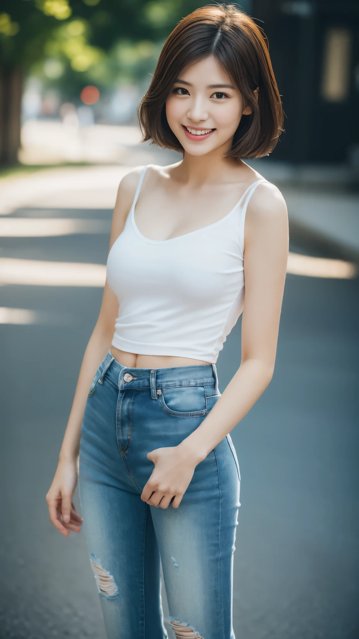 (超A high resolution,RAW Photos,8k,KHD,highest quality,masterpiece:1.5),(Intricate details,Realistically),One very beautiful woman, 30 years old, High resolution, Highly detailed face, (Professional Lighting,Bokeh),(Particles of light,Lens flare brilliance,Luminous Particles:0.6),Gentle soft lighting,Trendy atmosphere,Japanese,Street,Stylish side-wavy short hair,Bobohead, Brown haired, hair is delicate and soft,Spread your wings, Lips parted, mouth紅, Captivating smile, smile, mouth, teeth, There are small dimples,White Swan Neck,Shave your shoulders, Big Chest,(small,Golden ratio numbers),Please wear(Bluish gray)(Perfect fit,Slim fit,体にPerfect fit)Wearing a fashionable white shirt, (Wash Blue)(Fashion Jeans),(Attention to detail in the costumes:1.5), double eyelid,Long eyelashes, Birthmark, (Mole under the eye: 1), Big breasts and small waist,Beautiful ass,Calves are balanced, Thinness:1.2,Small white and soft jade legs,Beautiful toes:1.5,Wear branded fashion sandals:1.0,(Boldness,Coquettish,Playful and beautiful poses,Raised to be sexy,Attractions),Female-centered focus photography,Focus on the hips and crotch,Wide lighting,Natural Shadows,Wide Wide Shot,Close Focus,Full body shot:1.8,Full body photo:1.8