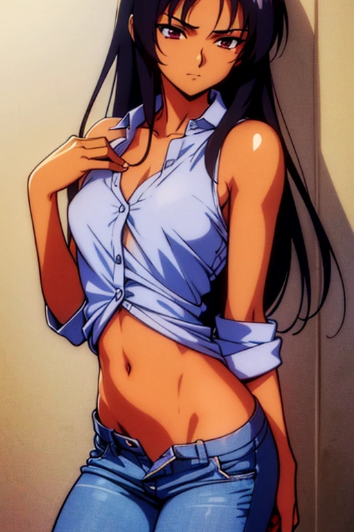 ((masterpiece)), (detailed), dark-tanned skin anime woman wearing a v-neck button-up Collar Knitted shirt, (bare shoulders), (bare arms), (jeans), (long hair), starving, (resting hands on the stomach), (hands on the stomach)