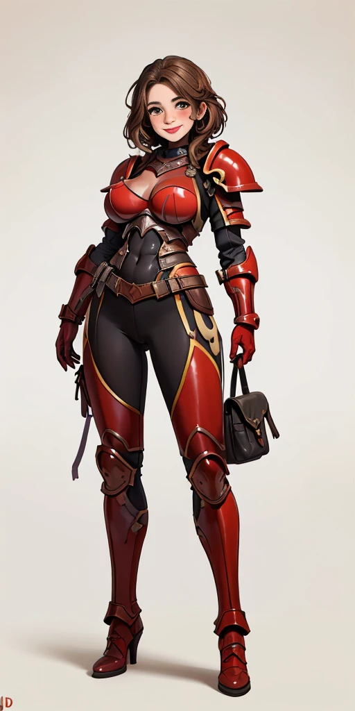 (masterpiece, best quality, 4k, 1girlsolo, 1, mmplatz, smile, red cheeks, plain background:1.2), full body armor, view from below, looking to the viewer