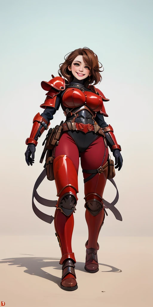 (masterpiece, best quality, 4k, 1girlsolo, 1MILF, mmplatz, smile, red cheeks, plain background:1.2), full body armor, view from below, looking to the viewer