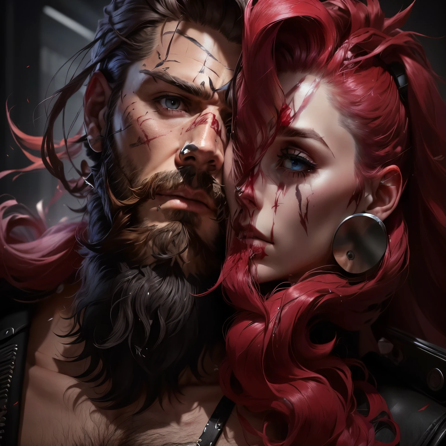 man, male, beard man, close to a woman, scars, bleed, messy hair, best quality, 8k