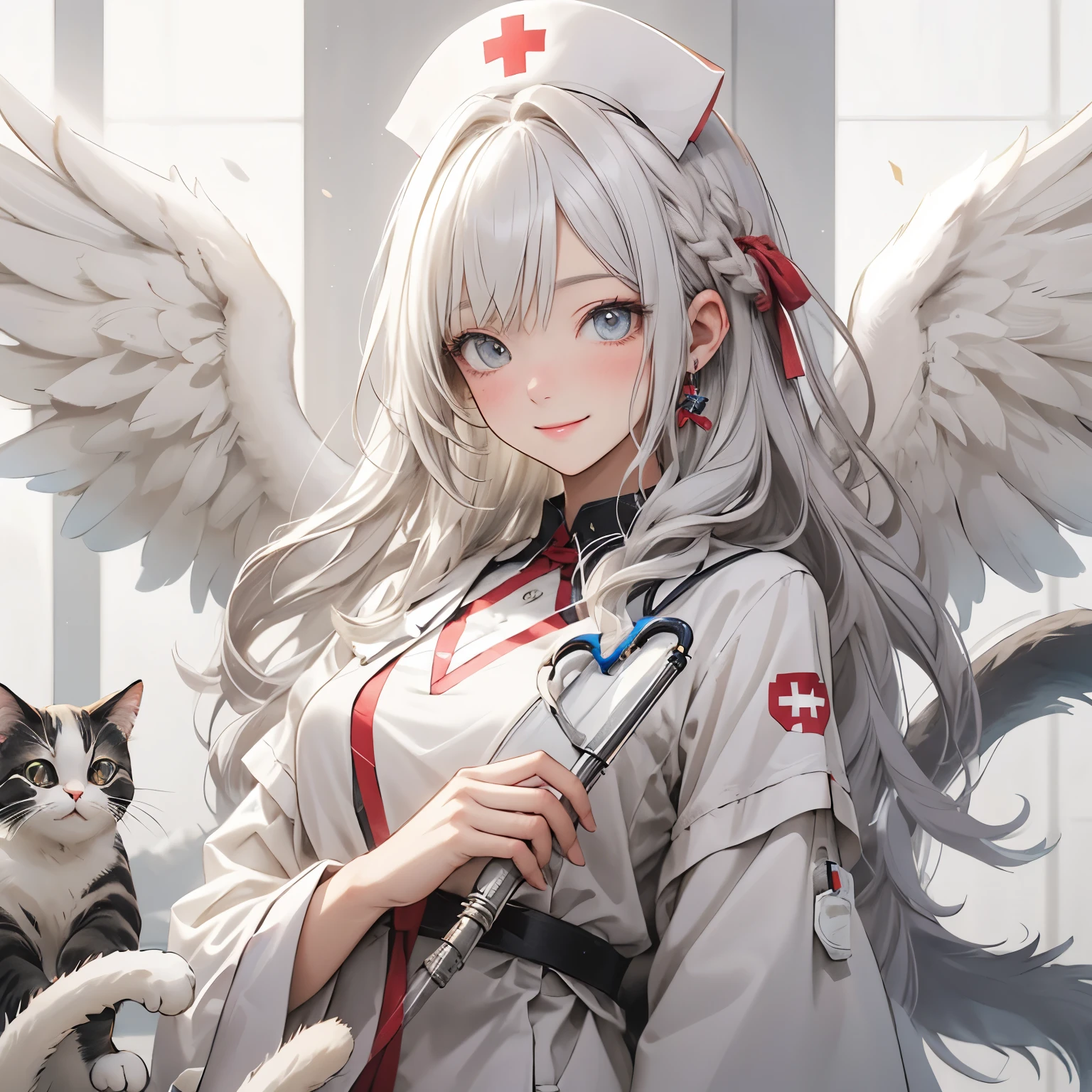 Cat with ivory ribbon、Ivory colored hair、Ivory eyes、ivory colored clothes、nurse、smile、hospital、Angel