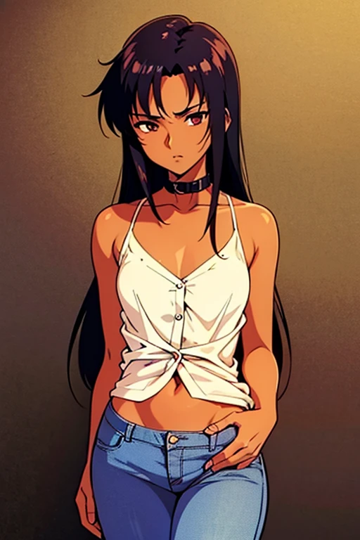 ((masterpiece)), (detailed), dark-tanned skin anime woman wearing a v-neck button-up Collar shirt, (bare shoulders), (bare arms), (jeans), (long hair), starving, (resting hands on the stomach), (hands on the stomach)