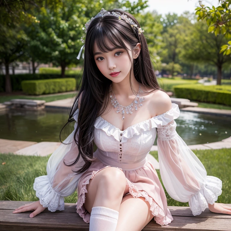 best quality, masterpiece, lifelike, 1 girl, solitary, eternity, Black Hair, Long curly hair, Bangs, laugh out loud, layered lace skirt, Puff sleeves, Wide sleeves, Transparent sleeves, Detailed background, Delicate face,pink blush,White knee-length socks, cold,Lots of lace,((masterpiece))、(top quality)、8k、High Detail、Ultra Detailed、 21 years old female,masterpiece、born、Intricate details showcase the ruffles and intricate designs of the Lolita dress、fair、magic、realism、Visual effects、FXAA、SSAO、shader、voiceless、Ambient Lighting、Tone Mapping、high resolution、Ultra HD、Million pixels、(8k resolution:1.10)、8k resolution、High Detail、Intricate details、 (high quality:1.2、masterpiece:1.2、:1.21)、(21 years old female),Hair accessories are not allowed, Laugh happily,Short skirt,Underwear looming,outdoor