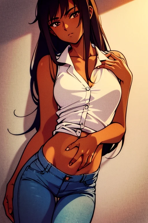 ((masterpiece)), (detailed), anime tan woman wearing a v-neck button-up Collar shirt, (bare shoulders), (bare arms), (jeans), (long hair), starving, (resting hands on the stomach), (hands on the stomach)