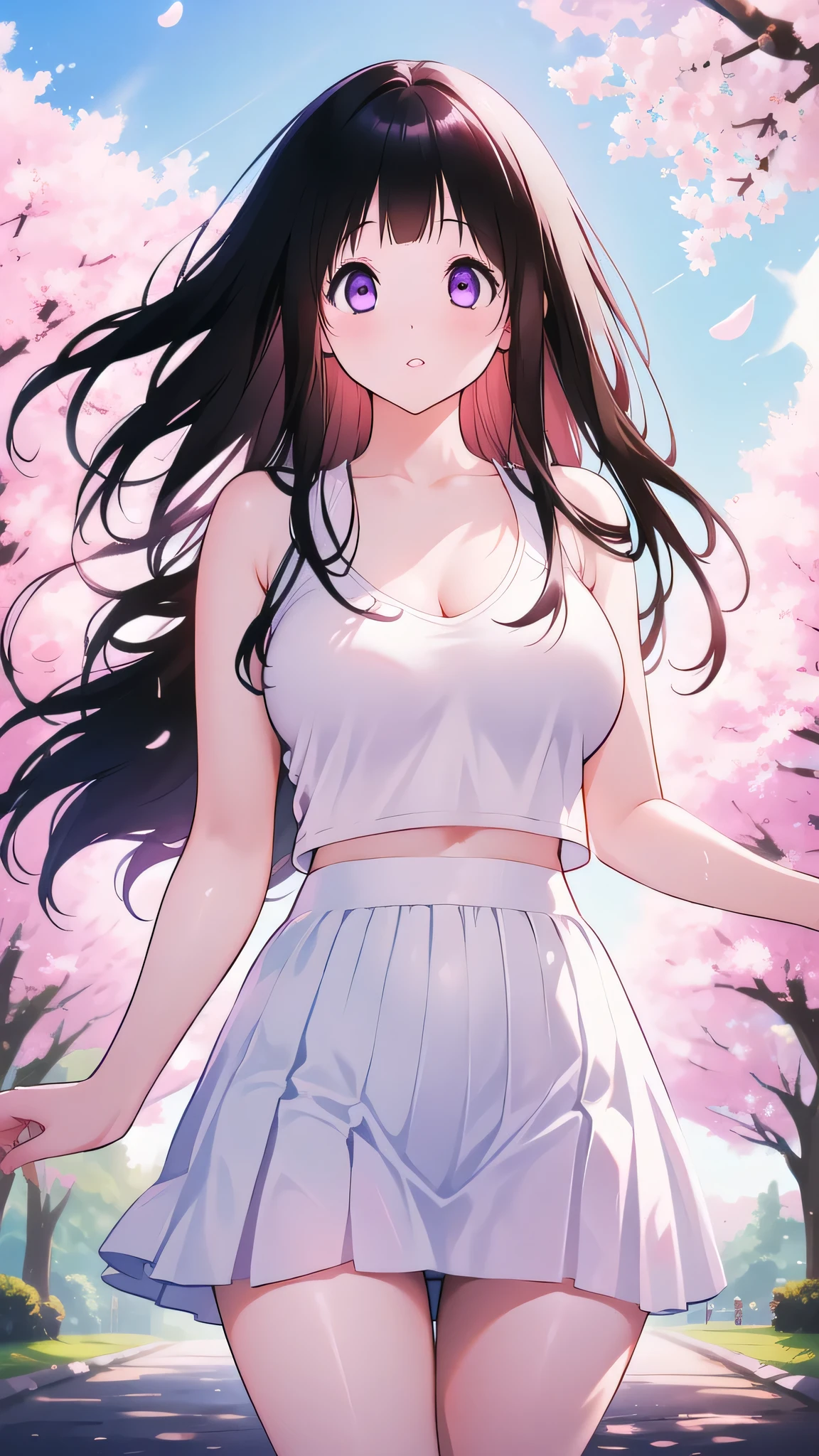 Amazing Chitanda, There is only one beautiful girl,Purple Eyes, Black Hair, Very red face,Very white skin,Glowing skin,Skin as delicate as porcelain,Naturally straight hair, Straight bangs,Extremely refined,Open lips,Long flowing hair,Beautiful Girl, Like a dream,Slim,Slim waist,Soft, (Sensual), (Kawaii), Dream quality,Beautiful big breasts,Half of the areola is exposed,White vest,White skirt,High slit,Skin exposed on the side,The clothes are completely transparent,Clothes that show skin color,The clothes are completely soaked,Deep V neckline,Loose neckline,Wide neckline,Cycling on the road,Wind blows up skirt,no pants,Flying Butterflies,Cherry blossoms,Bare shoulders,Bare neck,Exposed collarbone,Showing breasts,Show your buttocks,Show your thighs,Exposing the groin,No pants,extremely shy,Ultra-high resolution, (masterpiece:1.2, best quality), (Delicate and beautiful eyes: 1.2), (Beautiful and delicate face)
