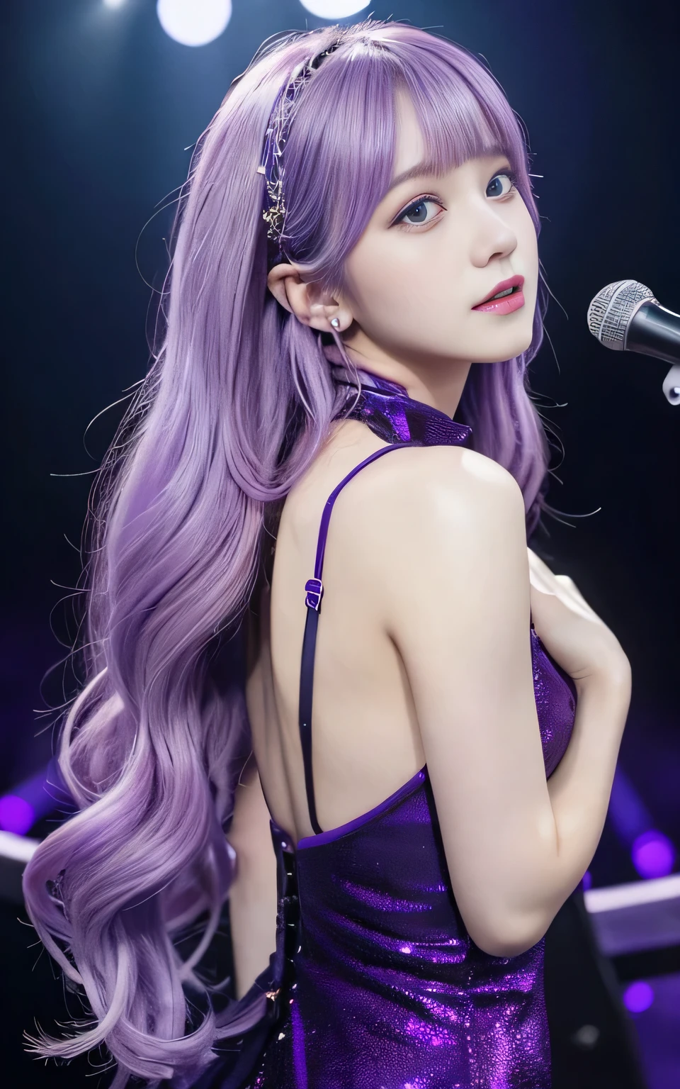 (highest quality, Back Pose:1.2), 1 female singer, 20 years old, Otherworldly fantasy,Shoulder strap,Sing alone, Light purple hair,Beautiful eyes in every detail),Upper Body,bangs,ear, Gorgeous deep purple outfit, Mysterious, Long Hair, blush, Displaying the viewer,Singing voice that captivates the audience