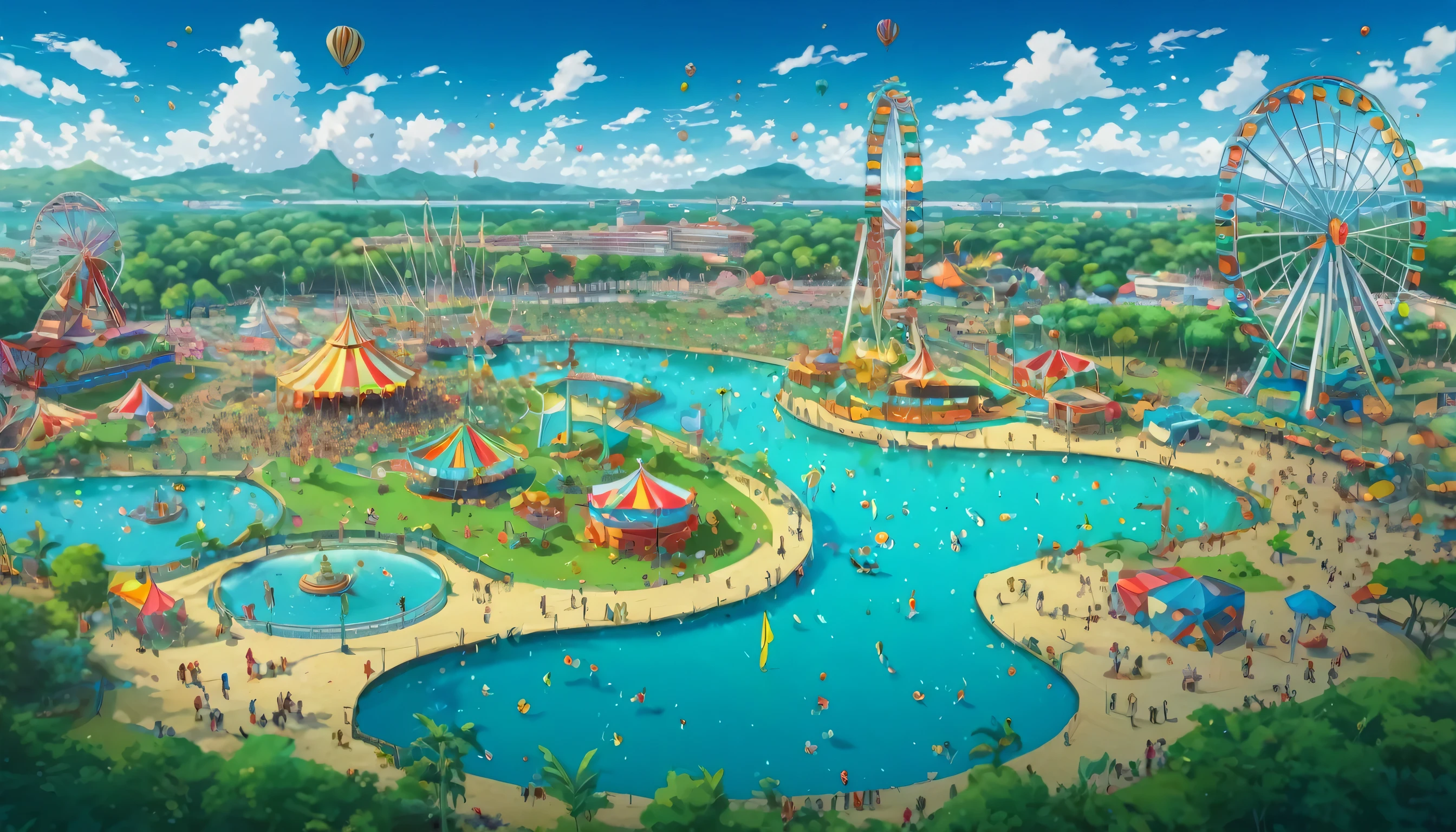 ultra detailed, masterpiece, high resolution, anime style landscape art, image of lagoon with a carnival, with tents, rides, ferris wheel, and animals having fun, wide angle shot, top view, drone view,  