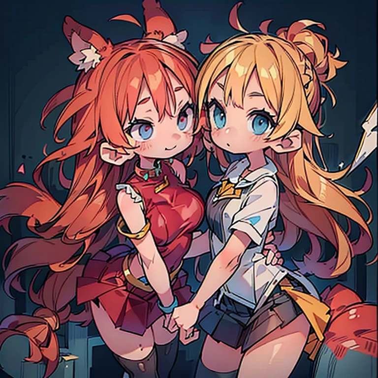 ,(((two girls))),two females\(animal ear,cute, kawaii,small kid,breast,hair color cosmic,braid hair,messy hair,eye color cosmic,big eyes,magical girl costume,smirk,colorful,dynamic pose,wings on back/),background/(in the sky,shiny,morning\), BREAK ,quality\(8k,wallpaper of extremely detailed CG unit, ​masterpiece,hight resolution,top-quality,top-quality real texture skin,hyper realisitic,increase the resolution,RAW photos,best qualtiy,highly detailed,the wallpaper,cinematic lighting,ray trace,golden ratio\),(dynamic angle:1.4)