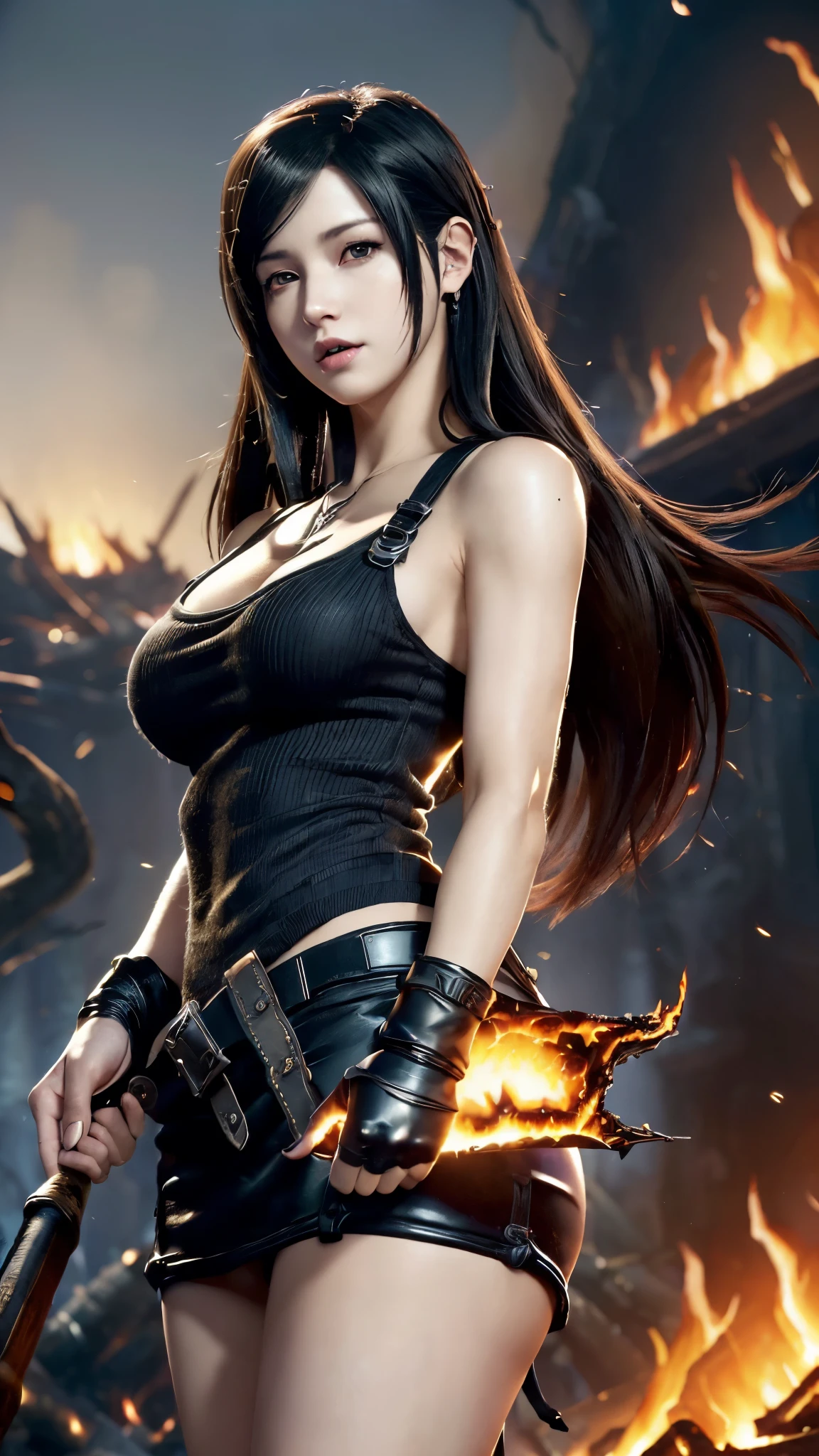 (Tifa Lockhart:1.4), mksks style, (Modern witch:1.4)(Highly detailed background:1.0), (Highly detailed background:1.0), Final Fantasy VII original, (Red eyes), One girl, Black Hair,
(modern witch's costume:1.3), (fantasy-theme:1.4), (Around burning fire:1.6),