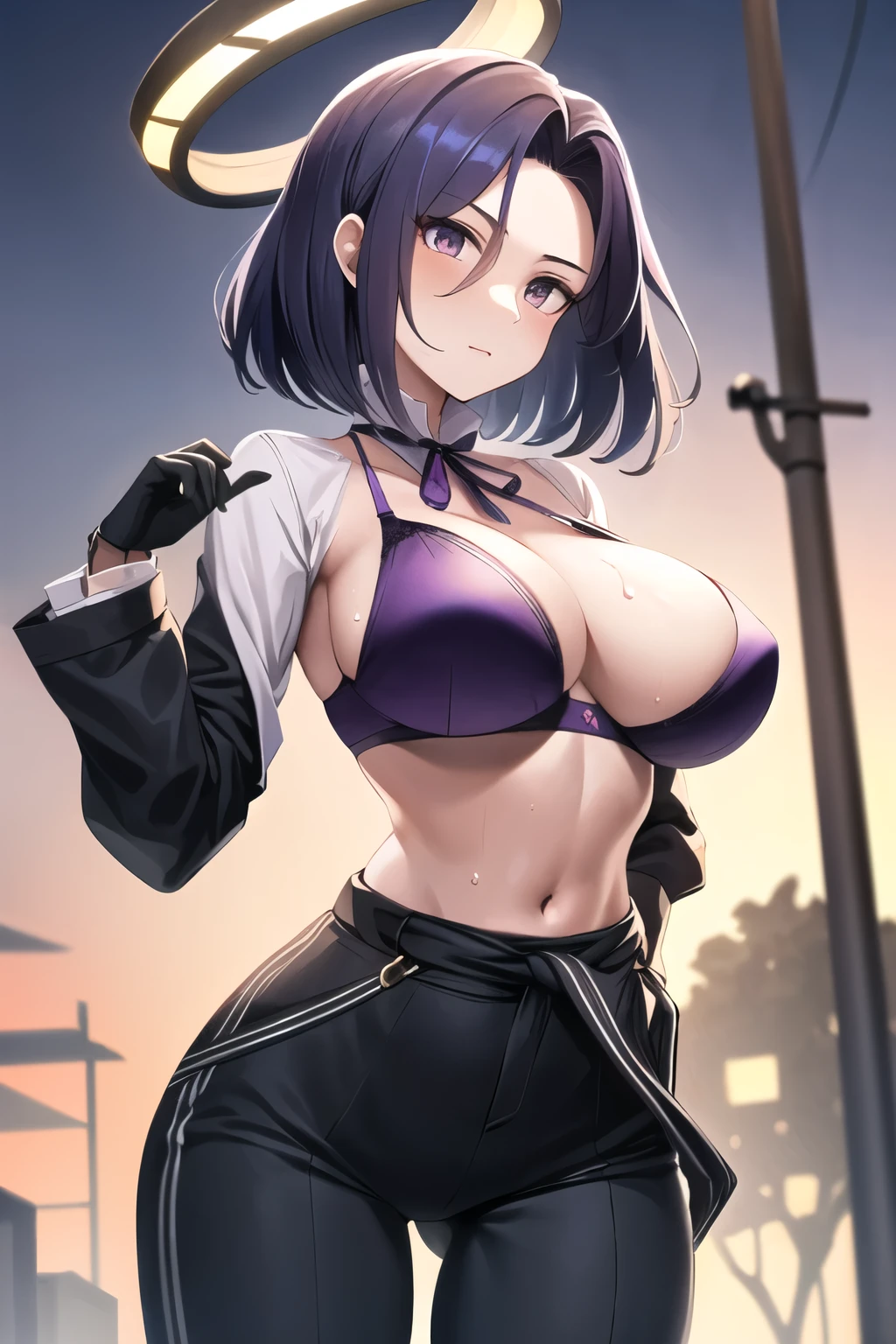masterpiece, highest quality, High resolution, Artats, Mechanical halo, Large Breasts, Black clothes, Neck ribbon, Long sleeve, Black gloves, Outdoor, Cowboy Shot, Are standing, Have a weapon, Extremely skilled, ,(large breast:1.1),(round breast),busty,full bust,sweat,(slender:1.4),(narrow_Waist:1.4),(thin_Waist:1.5),(purple bra:1.2),Emphasize cleavage,(shirt lift),((toned stomach))