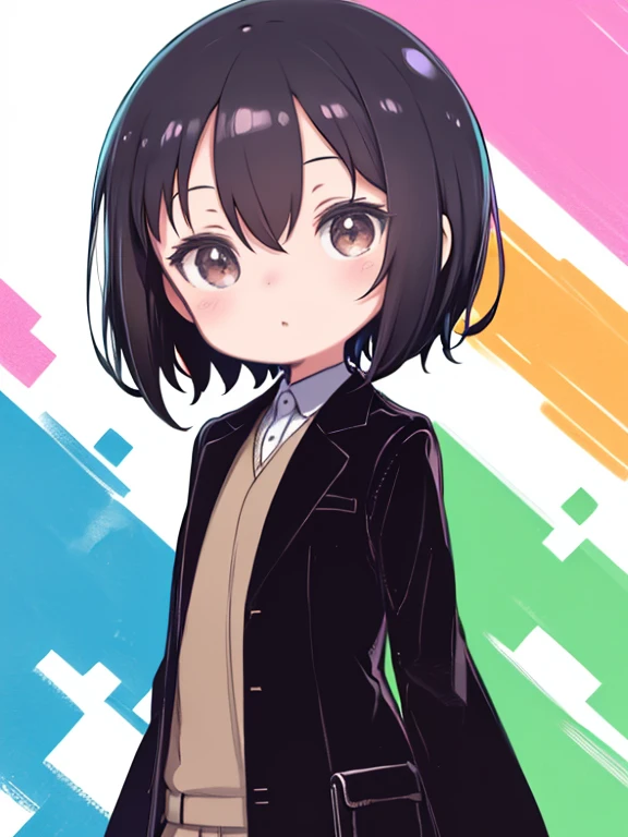 masterpiece、highest quality、High resolution、Very detailed、((Flat Color))、((Colorful art))、Chibi Character、Girl、cute、Nendoroid、Black Hair、Very Short Hair、Hair between the eyes、White shirt、(Brown long coat)、Black trousers、holster、