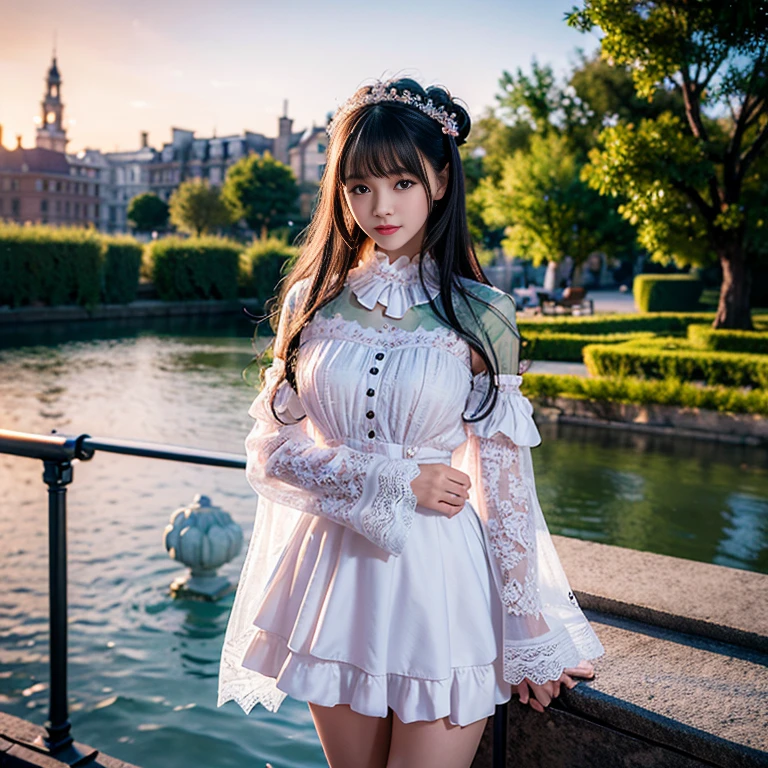 best quality, masterpiece, lifelike, 1 girl, solitary, eternal, Black Hair, Long curly hair, Bangs, laugh out loud, Layered lace skirt,  Puff sleeves, Wide sleeves, Transparent sleeves,  Detailed background,  Delicate face，pink blush，White knee socks, cold，Lots of lace，((​masterpiece))、(top quality)、8k、High Detail、Super detailed、 21 years old female，​masterpiece、born、Intricate details showcase the ruffles and intricate designs of the Lolita dress、Fair、magic、realism、Visual effect、FXAA、SSAO、shader、voiceless、Ambient Lighting、Tone Mapping、high resolution、Ultra HD、Million pixels、(8k resolution:1.10)、8k resolution、High Detail、Intricate details、 (high quality:1.2、​masterpiece:1.2、:1.21)、(21 years old female），Hair accessories are not allowed, Laugh out loud，Short skirt，Underwear looming，outdoor