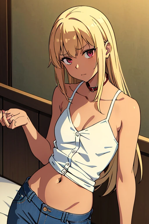 ((masterpiece)), (detailed), anime tan woman wearing a v-neck button-up Collar shirt, (bare shoulders), (bare arms), (jeans), (long hair), starving, (resting hands on the stomach), (hands on the stomach)