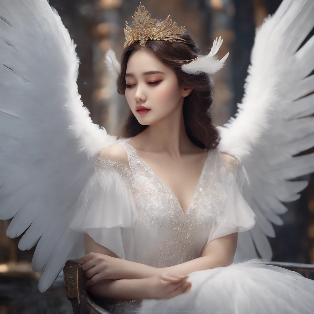 Beautiful angel in white dress, art station chengwei, halo, white feathers  