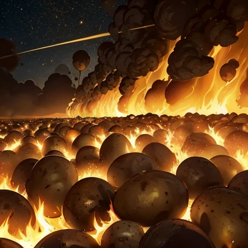(a lot of burned (potatoes) from the sky about to rush in the city), abstract, 2d, illustration, yellow-brown tone, burn, scary