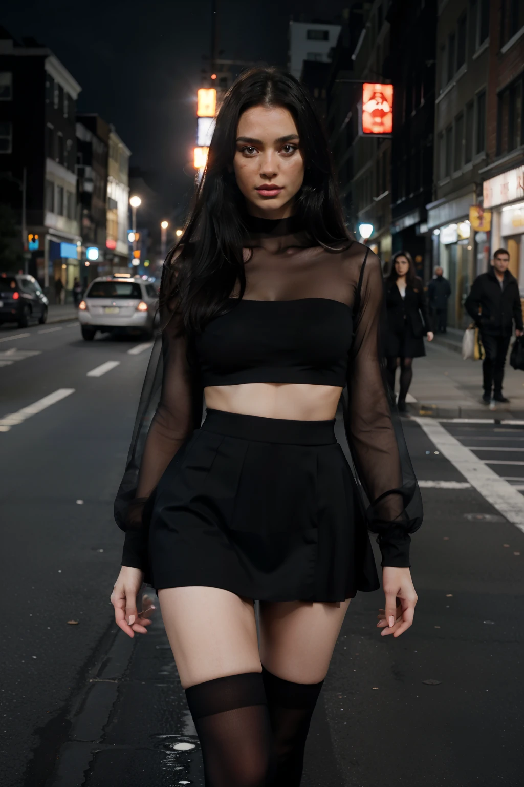 Russian girl, supermodel, dressed in a black skirt, black top, black transparent socks below the knee, long legs, perfect legs, perfect face, short black hairs, smooth skin, standing at the middle of night city street at full height, professional photography, fijifilm, multiple light sources, dynamic light, dynamic shadow, masterspiece, high detailed, highrses, soft skin