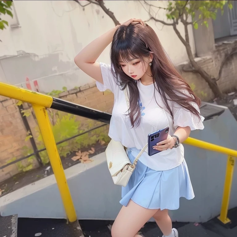 arafed woman in a white shirt and blue skirt is looking at her cell phone, 🤬 🤮 💕 🎀, 😭 🤮 💕 🎀, dang my linh, ulzzang, blackpink jennie, fanart, leaked image, photo taken in 2 0 2 0, wearing white skirt, chiho, wearing casual clothes, young and cute girl, A woman in a colorful outfit standing in a dark alley
