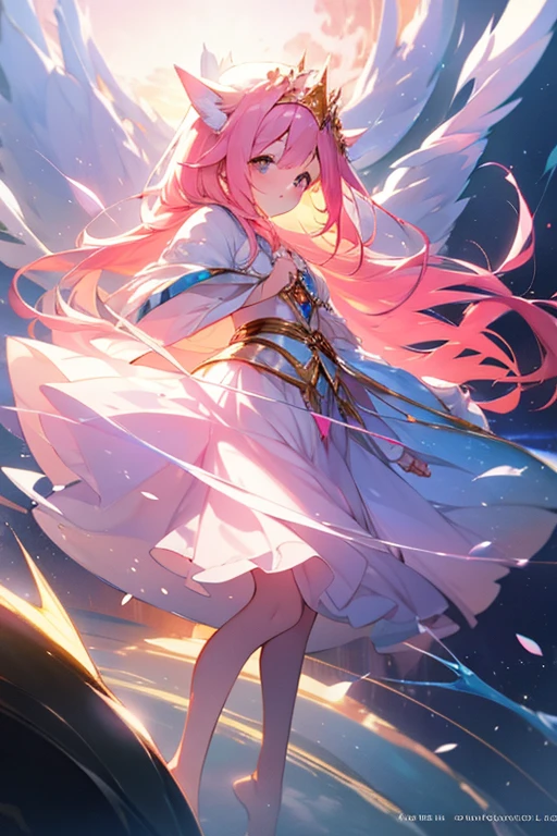 (best quality1.4)++, (masterpiece1.4)++, (detailed1.4)+, 1girl, cute face, fox girl, ice queen, (long pink hair)+, elegant, royal, cute, barefoot, detailed pink jacket, cute multilayered skirt, gold jewelry, full body shot, natural lighting, soft lighting, dramatic lighting, highly detailed, unreal engine, bokeh, 8k uhd, raytracing, lumen reflections, volumetric fog, Digital art, character design, concept art, divine, celestial, featured on pixiv, epic composition