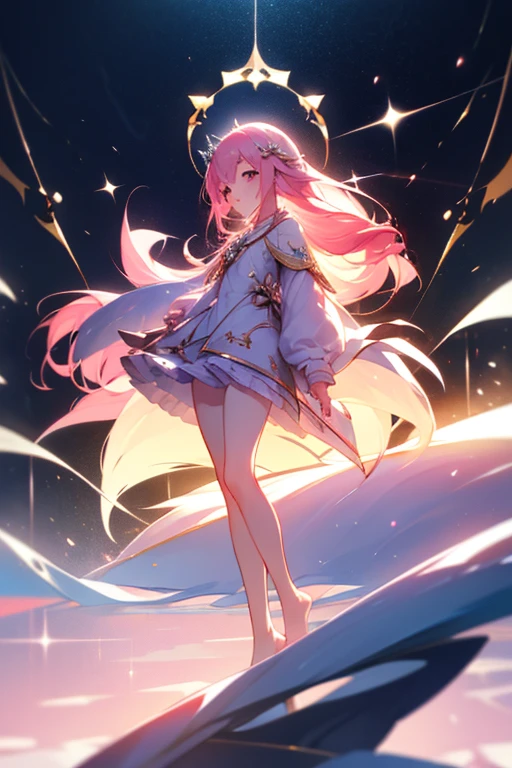 (best quality1.4)++, (masterpiece1.4)++, (detailed1.4)+, 1girl, cute face, fox girl, ice queen, (long pink hair)+, elegant, royal, cute, barefoot, detailed pink jacket, cute multilayered skirt, gold jewelry, full body shot, natural lighting, soft lighting, dramatic lighting, highly detailed, unreal engine, bokeh, 8k uhd, raytracing, lumen reflections, volumetric fog, Digital art, character design, concept art, divine, celestial, featured on pixiv, epic composition