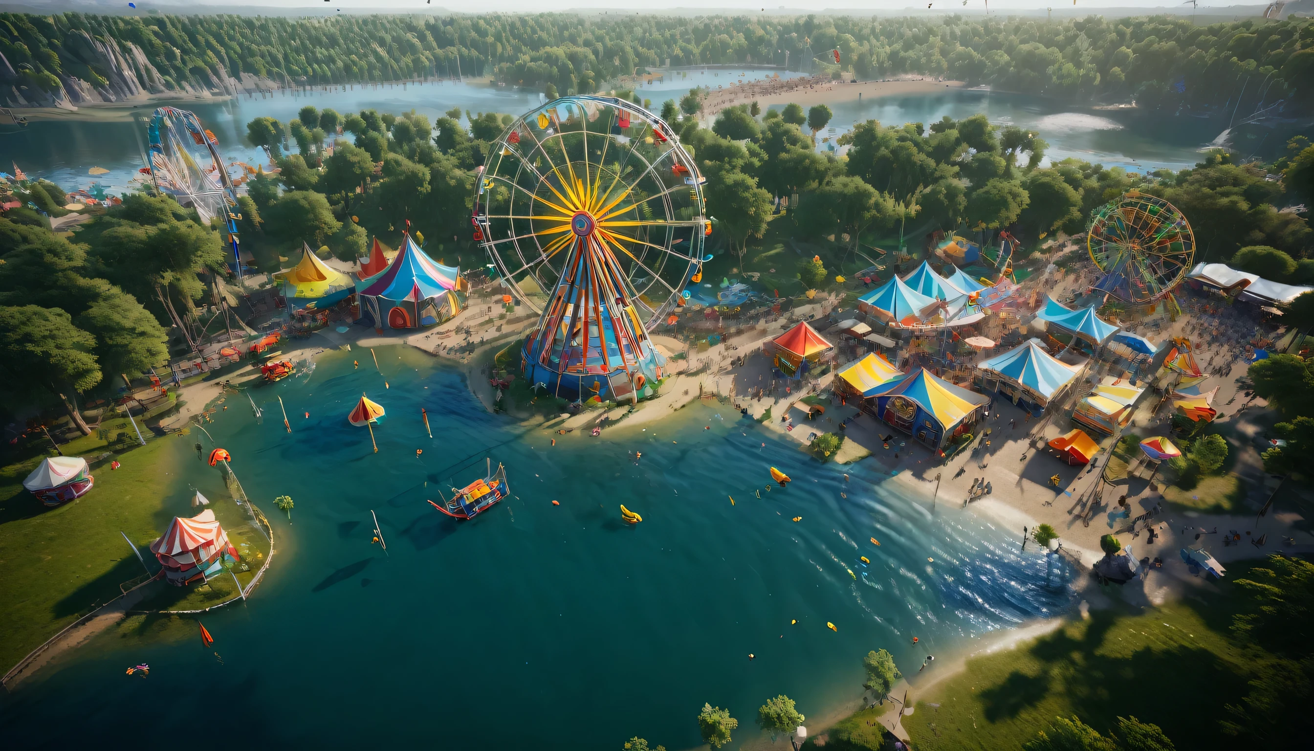ultra detailed, masterpiece, high resolution, digital art, unreal engine, max rendering, landscape art, image of lagoon with a carnival, with tents, rides, ferris wheel, and animals having fun, wide angle shot, top view, drone view,