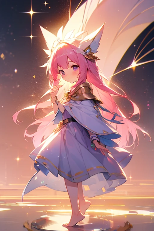 (best quality1.4)++, (masterpiece1.4)++, (detailed1.4)+, 1girl, cute face, fox girl, ice queen, (long pink hair)+, elegant, royal, cute, barefoot, detailed pink jacket, cute multilayered skirt, gold jewelry, full body shot, natural lighting, soft lighting, dramatic lighting, highly detailed, unreal engine, bokeh, 8k uhd, raytracing, lumen reflections, volumetric fog, Digital art, character design, concept art, divine, celestial, featured on pixiv, epic composition