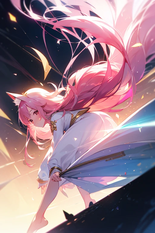 (best quality1.4)++, (masterpiece1.4)++, (detailed1.4)+, 1girl, cute face, fox girl, ice queen, (long pink hair)+, elegant, royal, cute, barefoot, detailed pink jacket, cute multilayered skirt, gold jewelry, full body shot, natural lighting, soft lighting, dramatic lighting, highly detailed, unreal engine, bokeh, 8k uhd, raytracing, lumen reflections, volumetric fog, Digital art, character design, concept art, divine, celestial, featured on pixiv, epic composition