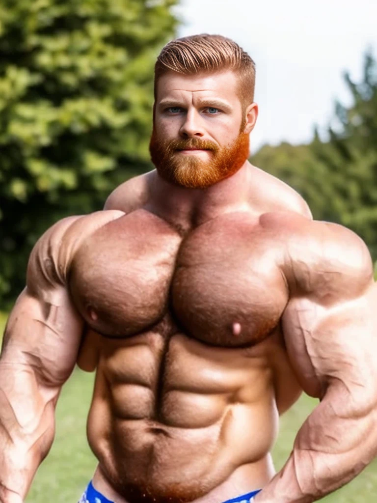 realistic, Big muscular man with blue eyes and extremely defined vascular muscles, perfect six pack, (muscular:1.7), (defined muscles:1.7), sunny day, park, handsome, masculine, (ginger:1.3), extraordinary attractive matured European man with a beard, rugged, hairy, lean but ripped, big daddy, naturalistic body, (male model:1.7), white jockstrap, (beautiful:1.5), (handsome:1.4), (gorgeous:1.3), (strained muscles:1.5)
