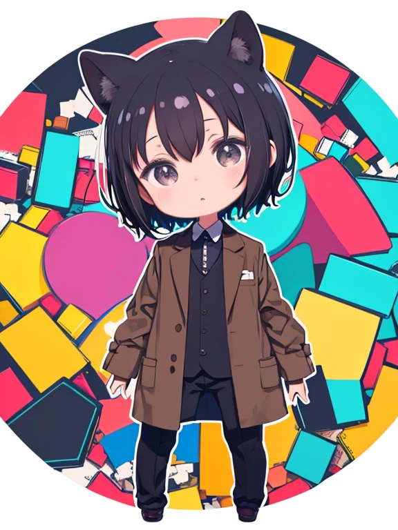 masterpiece、highest quality、High resolution、Very detailed、((Flat Color))、((Colorful art))、whole body、Chibi Character、Girl、cute、Nendoroid、Black Hair、Very Short Hair、Hair between the eyes、White shirt、(Brown long coat)、Black trousers、holster、
