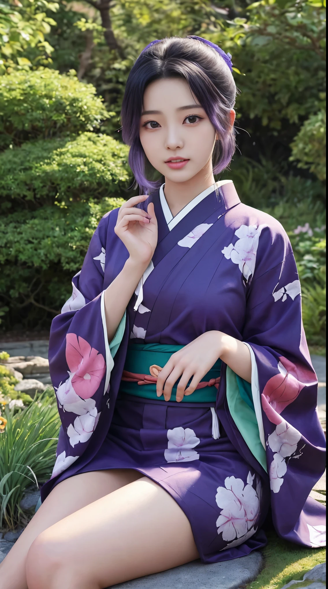 最high quality、high quality、Best image quality、8k、最High resolution、High resolution、最high quality、masterpiece、RAW Photos、whole body写真、Detailed and realistic human body、Detailed and realistic skin、Realistic face in every detail、Detailed and realistic eyes、Detailed and realistic lips、Detailed and realistic teeth、Detailed and realistic ears、Detailed and realistic hair、Realistic reproduction of every detail、Realistic fingers in every detail、(Perfect and beautiful hands、thumb1reference4)、Realistic feet down to the last detail、((Beautiful Japanese Girl))、(Japanese Model)、((18 year old beautiful girl))、((A girl who looks like Shinobu Kocho)、(Purple Hair)、(Straight hair)、((whole body))、(Slim and perfect figure)、(whole body光沢肌、Fair skin)、Soft natural light、China dress、kimono、Ninja costume、Japanese tradition、Japanese garden、((Colorful Leather(花柄のkimono))、((肌に張り付くkimono))、((Natural poses in the garden to make your thighs look beautiful))