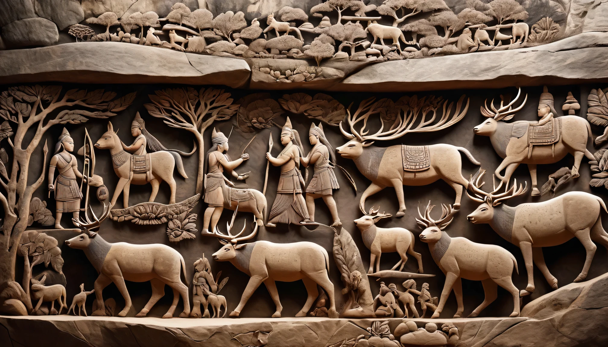 These ancient stone carvings represent hunting scenes。prehistoric art、primitive art、tribal art、wild animals、Forest view、nomadic lifestyle、Hunting tools、Bow and Arrow、heritage、archaeology、symbol、ceremony、Cultural Relics、Survival Stories、Ancestral Wisdom、Primitive society、Image carving、、ArtisticExpressions、Detailed carving、(Best quality,4k、8k、masterpiece:1.2)、Ultra detailed(lifelike、Photo lifelike:1.37),Vivid colors,Warm tones,Soft lighting