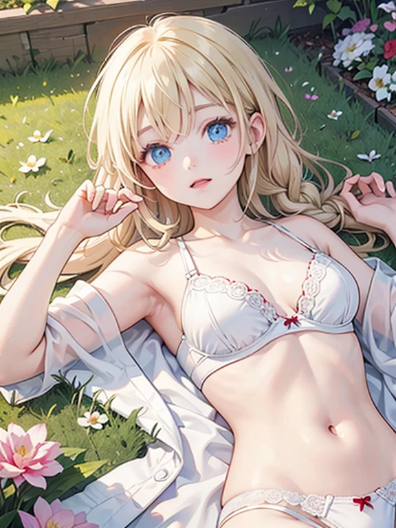 masterpiece, highest quality, Very detailed, 16k, Ultra-high resolution、1 girl , Detailed face、Perfect Fingers, blue eyes, Blonde, Braid, White panties, White bra, garden, flower bed, grass, Lying on your back, lie down