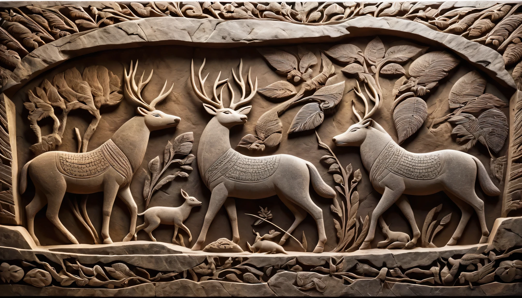 These ancient stone carvings represent hunting scenes。prehistoric art、primitive art、tribal art、wild animals、Forest view、nomadic lifestyle、Hunting tools、Bow and Arrow、heritage、archaeology、symbol、ceremony、Cultural Relics、Survival Stories、Ancestral Wisdom、Primitive society、Image carving、、ArtisticExpressions、Detailed carving、（Best quality，4k、8k、masterpiece：1.2）、Ultra detailed（lifelike、Photo lifelike：1.37），Vivid colors，Warm tones，Soft lighting