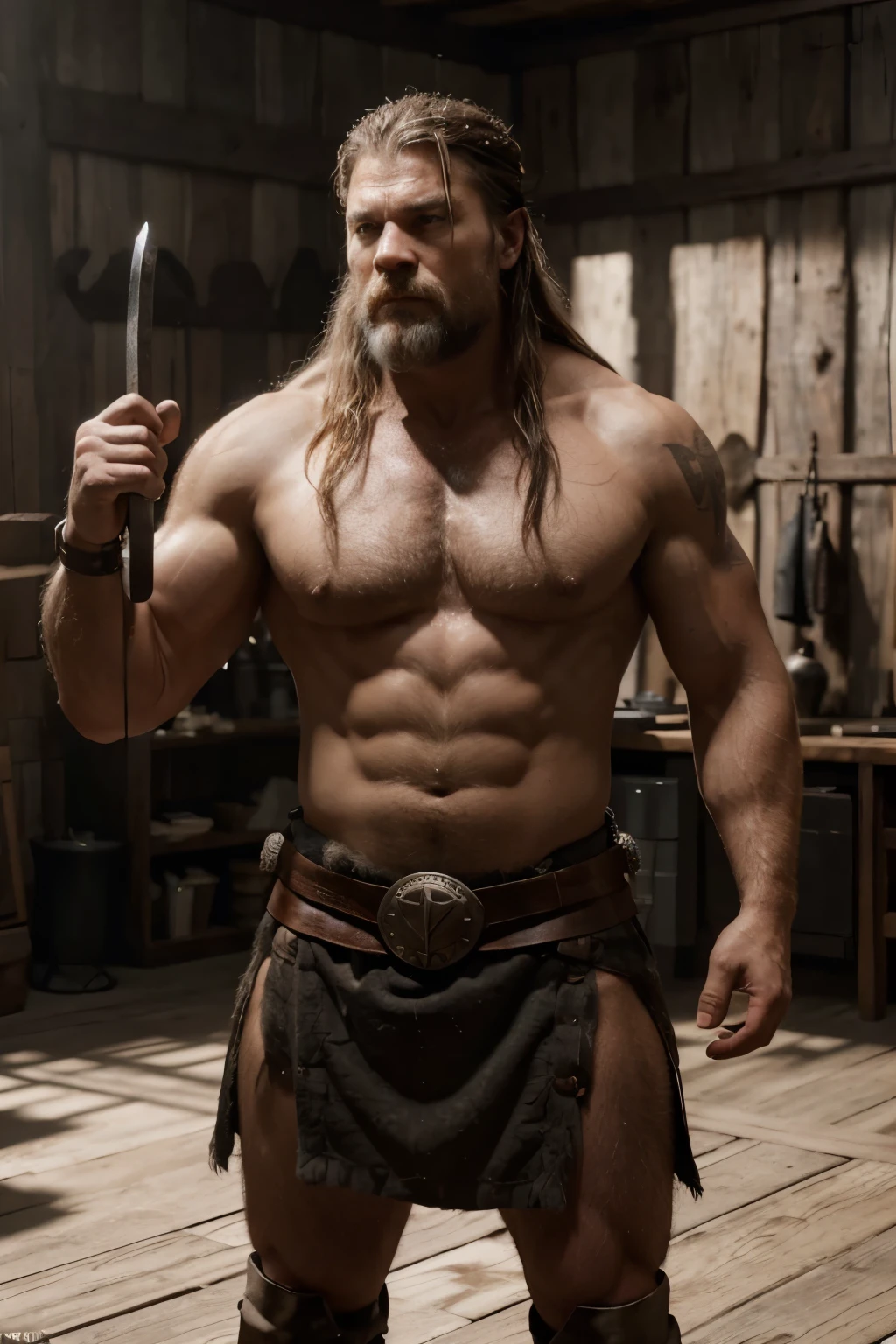medieval viking warrior, middle aged man, strong man, shirtless, fur loincloth, realistically, dynamic light, old, gray stubble, full shot, (Highly detailed CG Unity 8k wallpaper), Trending at Art Station, Trending on CGsociety, high detail, sharp focus, dramatic, realistic, Leather belt at waist, Thigh, , , , 