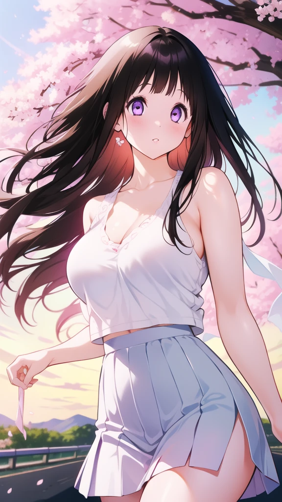 Amazing Chitanda, There is only one beautiful girl,Purple Eyes, Black Hair, Very red face,Very white skin,Glowing skin,Skin as delicate as porcelain,Naturally straight hair, Straight bangs,Extremely refined,Open lips,Long flowing hair,Beautiful Girl, Like a dream,Slim,Slim waist,Soft, (Sensual), (Kawaii), Dream quality,Beautiful big breasts,Half of the areola is exposed,White vest,White skirt,High slit,Skin exposed on the side,The clothes are completely transparent,Clothes that show skin color,The clothes are completely soaked,Deep V neckline,Loose neckline,Wide neckline,Cycling on the road,Wind blows up skirt,no pants,Flying Butterflies,Cherry blossoms,Bare shoulders,Bare neck,Exposed collarbone,Showing breasts,Show your waist,Show your buttocks,Show your thighs,Exposing the groin,No pants,extremely shy,Ultra-high resolution, (masterpiece:1.2, best quality), (Delicate and beautiful eyes: 1.2), (Beautiful and delicate face)