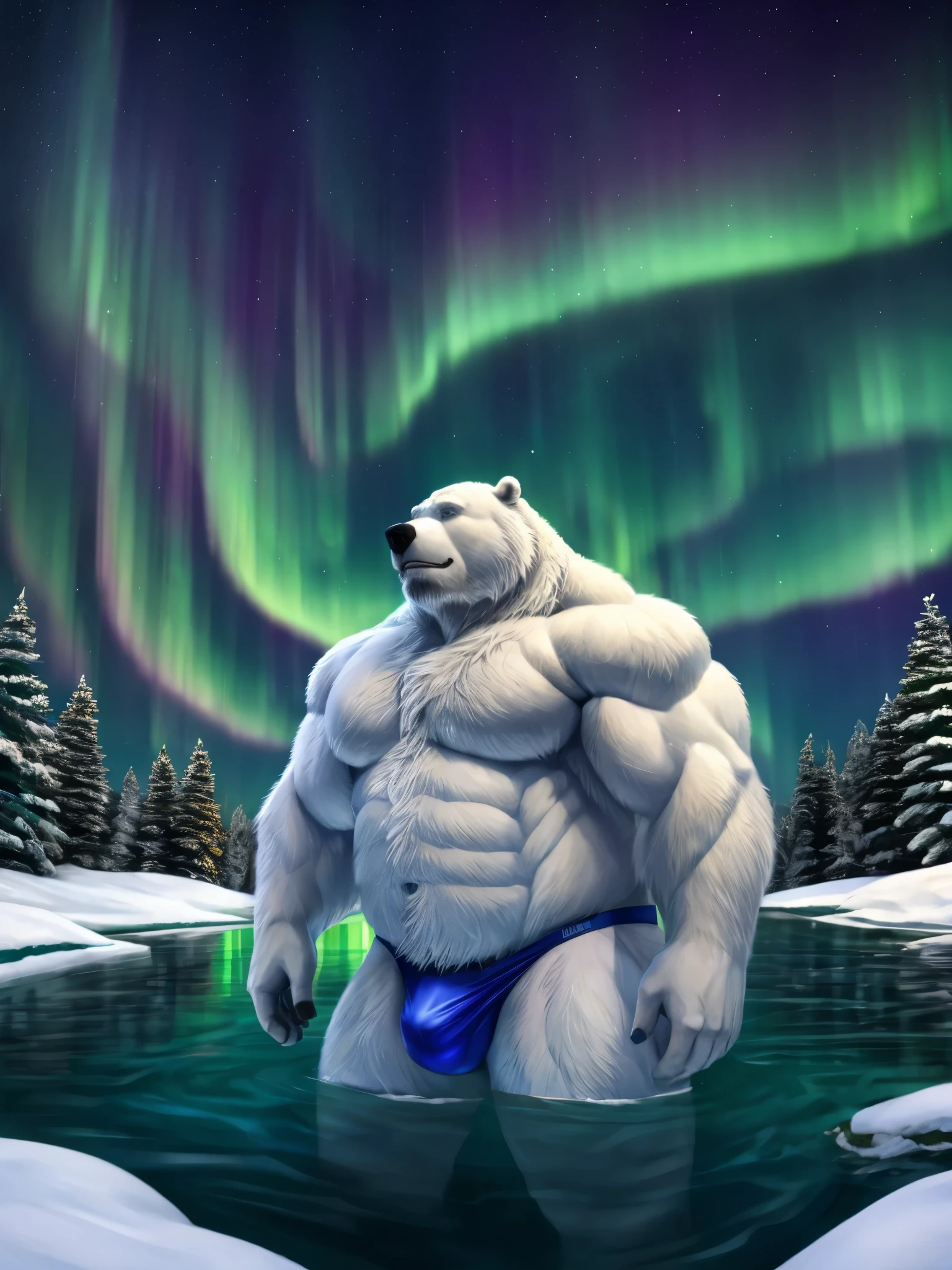 huge muscular, snow, long beards, old man, (furry bear), shirtless, topless, bulge, white bear, polar bear, lake, partial submerged, night, aurora borealis