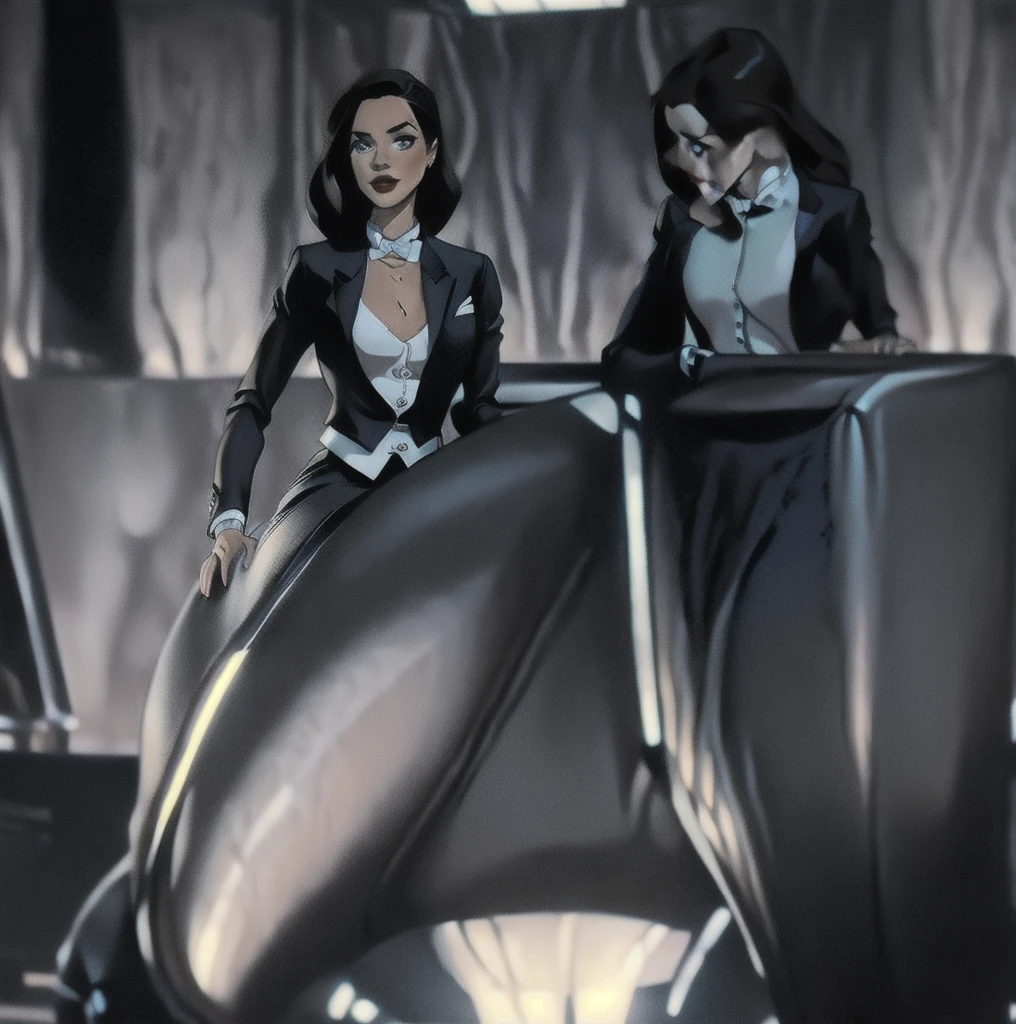 Zatanna, realistic, realism, photorealism, photo-realistic, high contrast, (photorealistic:1.4), 8k high definition detailed realistic, (best quality, masterpiece:1.2), NSFW, photon mapping, radiosity, physically-based rendering, best quality, highly detailed, 1girl, anaa, full body, Jewelry, outdoor,woods,((skirt suit)), suit and bowtie, (((tuxedo))), silk dress shirt, shirt and bowtie, (((bowtie))), ((blazer)), ((suit jacket)), ((waistcoat)), ((bodycon miniskirt)), (((pencil skirt))), pantyhose, tights, stockings, pocket square, tailored suit, (((cufflinks))), smile, full body, high heels,sitting at bar, from side, inside, bar, ,sipping drink, white gloves, hot body , gorgeous breast