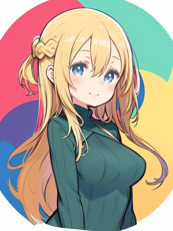 masterpiece、highest quality、High resolution、Very detailed、((Flat Color))、((Colorful art))、whole body、Chibi Character、Girl、cute、Nendoroid、Smiling、、(mint, blue eyes, braid、Long blonde、Big Breasts)、Green Sweater、Turtleneck sweater、Long sleeve、
