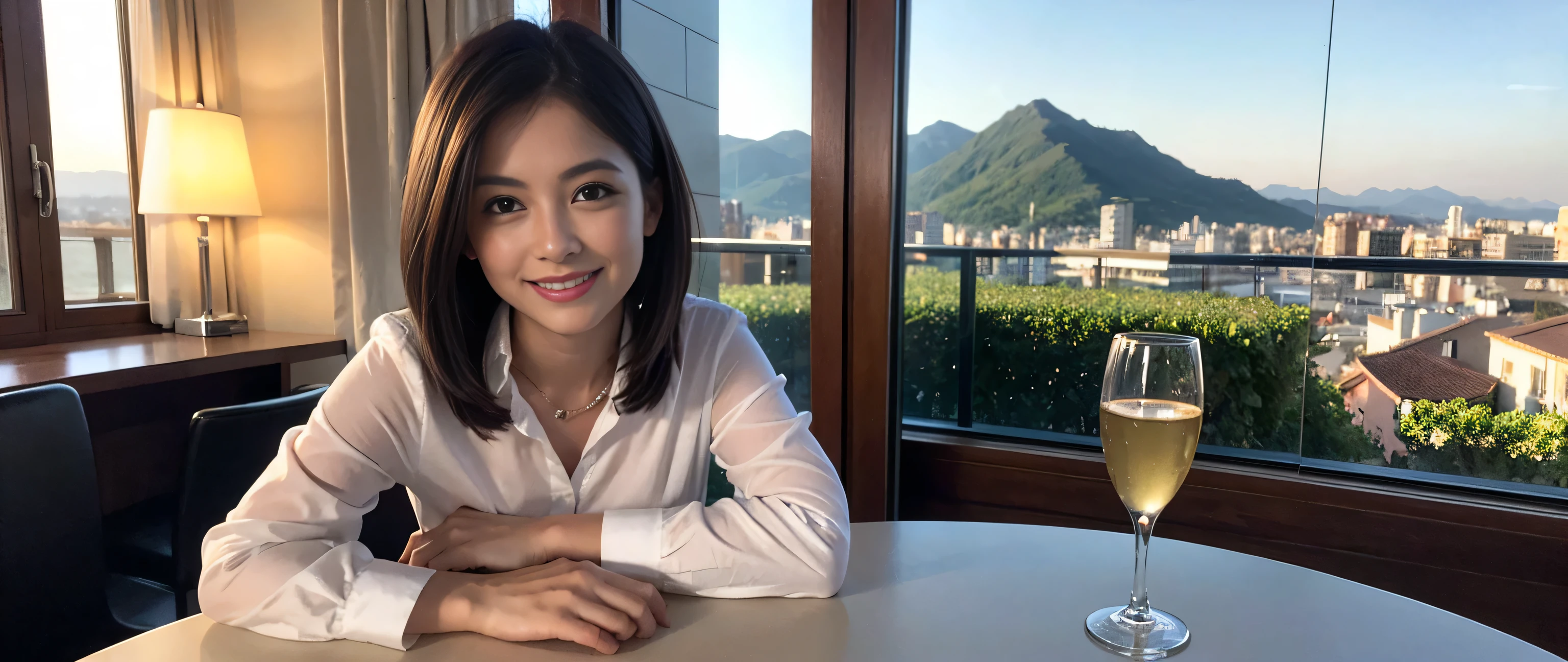 ((highest quality、8k、masterpiece:1.3))、Sharp focus:1.2、Slim body、((Bob Hale、Straight hair:1.2))、(to be born, highest quality, masterpiece:1.5), (Realistic, Intricate details:1.2), Wine glass on the table、shine a light on your face、 Amazing view of the sunset sky and clouds、Amazing mountain views、A bright smile、A lovely woman with a smile、Bright image、2. The beauty of wine, Beautiful Face, blue eyes, The light shines on your face, Blushing, short hair,Bright Face、Fox face、 (43 years old), 39 years old, Lady、red wine 、Appetizers、Italian food、Wine bottle、Champagne、sparkling wine、Two beauties、Brown Hair、Shortcuts、Long sleeve shirt、dress、Pretty Woman 1, (Slim face), (The body is slim), (Brown Hair), (Shortcuts), cheeks turn a little red,Attractive beauty、, Out of the window, A beautiful and detailed night view unfolds.........., restaurant, In a prominent place (From the waist up) Nova Frog Style, actress, model, Upper Body, White wine, slim, wine glass, A wine glass placed in the middle, smile, (smile: 1.15), Beautiful fine grain, Depth f/2,saturation, High Contrast, Strong light and shadow,Moist Body:1.5、3D texture、Delicate eyes、Brown Hair、The hair is very shiny、