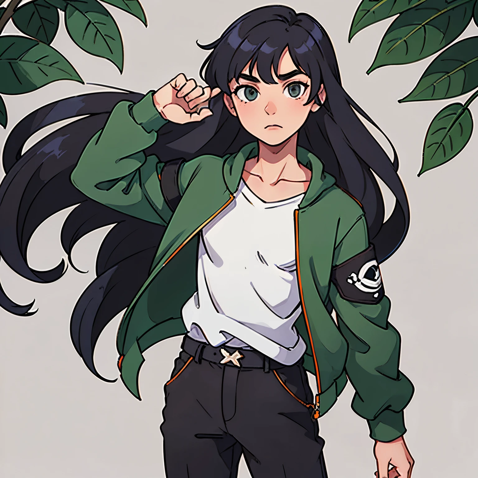 A boy of about 19 years old with long hair but masculine in his features., usando chaqueta verde y pantalones negros holgados 