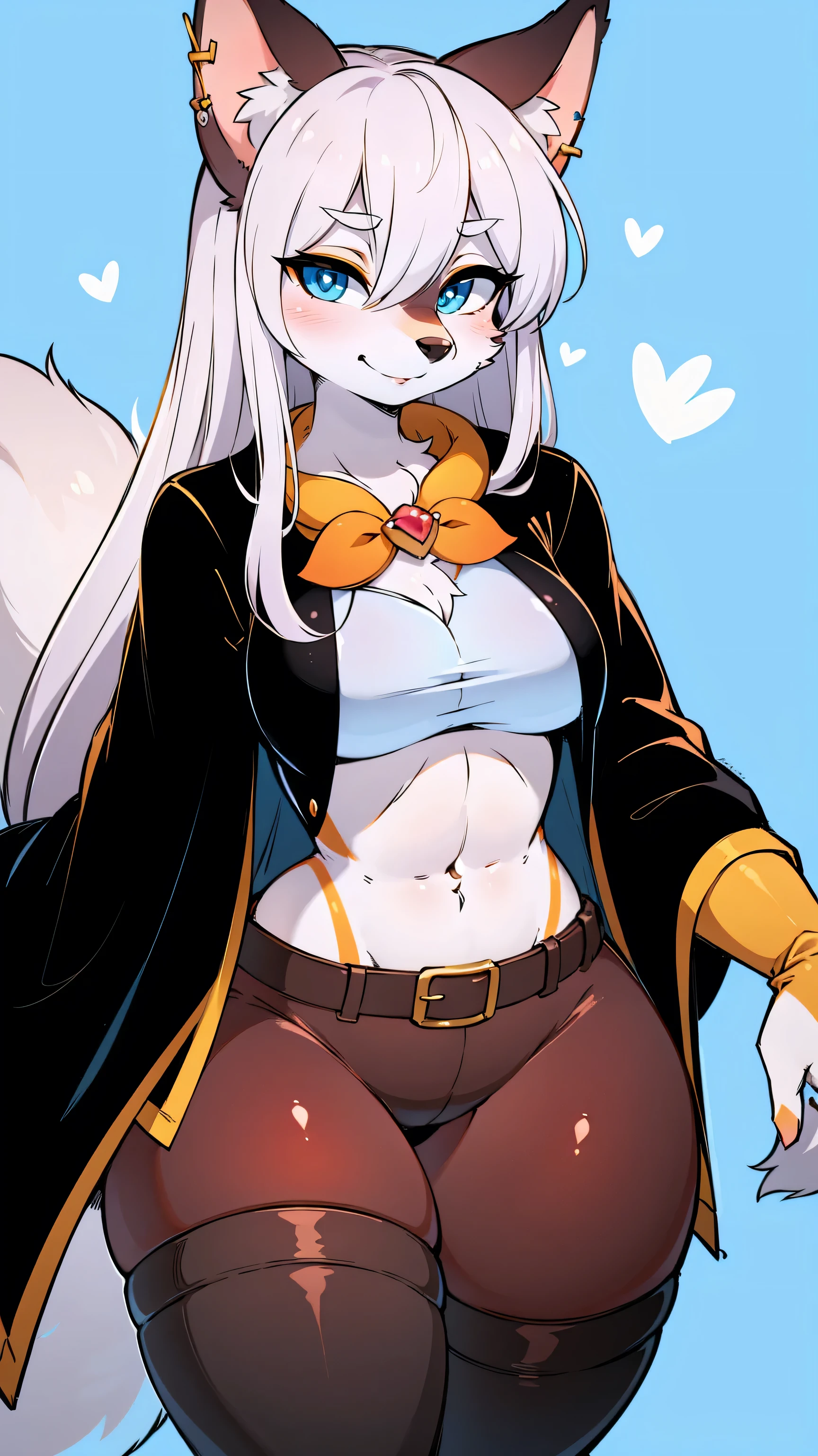 small animal_ears,mature_female,cute,furry_girl,wolf_girl,Elegant figure,193cm tall,Model's body_type,detailed_eyes,silver_hair,cute_ears,wolf_ears,black robe,leggings,fluffy_furs,earrings,upper body,stocking with garterbelt,neck garter,(perfect detailed eyes:1.5),jewelry, blank eyes,brooch,smiling,(front:1.5),(furry:1.5),long lashes,flowy chiffon,well-proportioned figure,(thick thighs:1.1),perfectly high-detail facial features,(perfect detailed eyes:1.5),silky long hair,masterpiece, best quality, Ultra-high quality, Ridiculous details,(best quality,4k,8k,highres,masterpiece:1.2),ultra-detailed