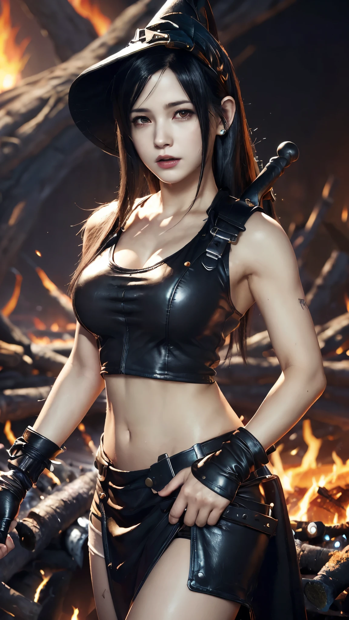 (Tifa Lockhart:1.4), (leather cap:1.3), mksks style, (Modern witch:1.4)(Highly detailed background:1.0), (Highly detailed background:1.0), Final Fantasy VII original, (Red eyes), One girl, Black Hair,
(modern witch's costume:1.3), (fantasy-theme:1.4), (Around burning fire:1.6),
